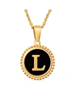 L Round Disc Initial Letter Necklace Inlaid Black Shell CA7810203