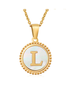 L Round Disc Initial Letter Necklace Inlaid White Shell CA7810202