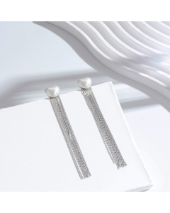 Wholesale Light Luxury French Retro Feeling Love Geometry Pearl Fringe Long Stainless Steel Earrings-Steel Color-01
