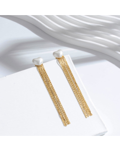 Wholesale Light Luxury French Retro Feeling Love Geometry Pearl Fringe Long Stainless Steel Earrings-Gold Color-01