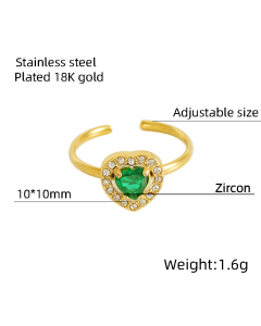 Wholesale Stainless Steel Ring Love Sunflower Water Drop Shaped Zircon Inlaid Ring-01-Green