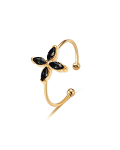Fine Jewelry 18K Gold Plated Lucky Four-leaf Clover Black Diamond Stainless Steel Ring
