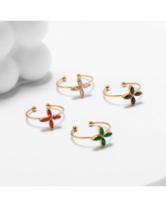 Wholesale Zircon Inlaid Ring Minimalism 18K Gold Plated Lucky Four-leaf Clover Diamond Stainless Steel Ring