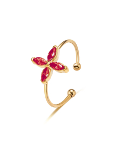 Minimalism 18K Gold Plated Lucky Four-leaf Clover Red Diamond Stainless Steel Ring