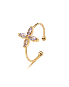 18K Gold Plated Lucky Four-leaf Clover White Diamond Stainless Steel Ring
