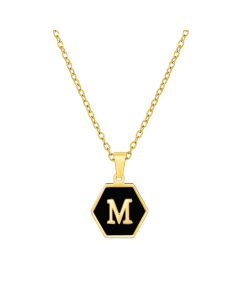 M Initial Letter Hexagon Shape Charms Inlaid Black Shell Necklace CA7810219