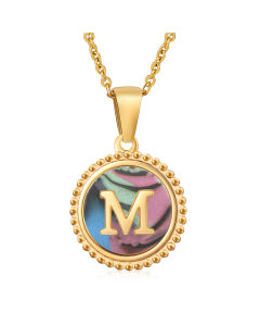 M Initial Letter Round Disc Necklace Inlaid Colorful Shell CA7810205