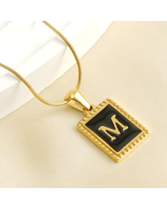M Initial Name Stainless Steel Necklace With Square Black Shell Tag CA7810221