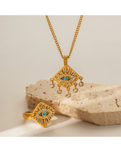Retro 18K Gold-Plated Malachite Inlaid Square Devil's Eye Pendant Stainless Steel Necklace Ring Wholesale