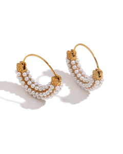 Wholesale Stainless Steel Earrings Micro-pearl White Diamond Hanging Basket Earrings-Gold Color-01