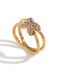 Gold Color Plated 18K Gold  Micro Inlaid X Shape Stainless Steel Ring