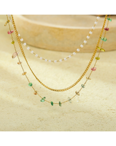 Wholesale Stainless Steel Clavicle Chain Pearl Colored Crushed Stone Multi-chain Necklace 