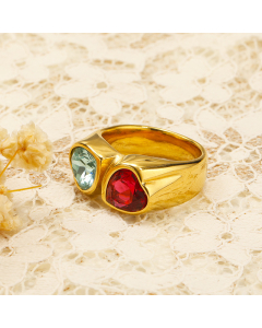 Wholesale Light Luxury Multicolor Zirconia Heart Ring Electroplated 18k Gold Titanium Steel Ring 