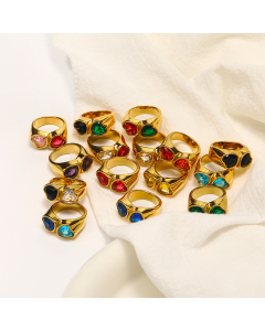 Wholesale Light Luxury Multicolor Zirconia Heart Ring Electroplated 18k Gold Titanium Steel Ring