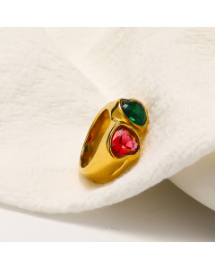 Wholesale Light Luxury Multicolor Zirconia Heart Ring Electroplated 18k Gold Titanium Steel Ring 