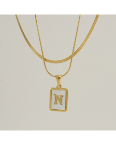 N Double Layer Initial Letter Necklace Inlaid White Shell Pendant Necklace CA7810210