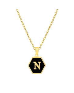N Initial Letter Hexagon Shape Charms Inlaid Black Shell Necklace CA7810219