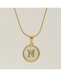 N Initial Letter Snake Chain Necklace With White Shell Round Charms CA7810223