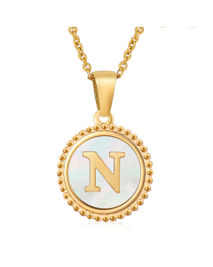 N Round Disc Initial Letter Necklace Inlaid White Shell CA7810202