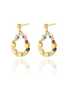 French Style Natural Stone Square Dice Beaded Earrings Plated 14k Gold Stainless Steel Earrings