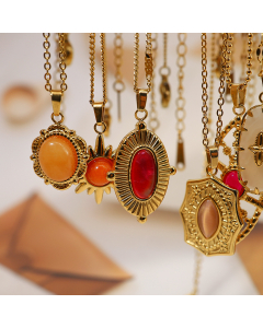 Wholesale Stainless Steel Necklace INS Style Retro Palace Style Natural Stone18K Gold Plated Pendant Necklace