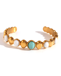 Gold Color Oval Natural Stone White Jade Inlaid Open Bracelet Stainless Steel Bracelet 