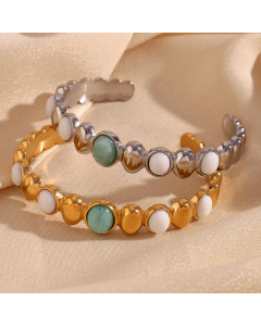 Wholesale Stainless Steel Bracelet Oval Natural Stone White Jade Inlaid Open Bracelet 