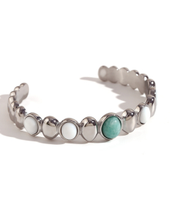 Steel Color Oval Natural Stone White Jade Inlaid Open Bracelet Stainless Steel Bracelet 