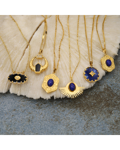 Wholesale Stainless Steel Necklace French Palace Style Navy Blue Natural Stone Pendant Plated 18K Gold Carved Clavicle Chain Necklace