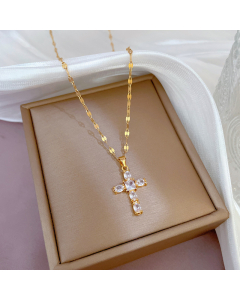 Fashion Cross Plating Inlay Zircon Pendant Titanium Steel Necklace Colorza