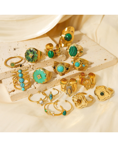 Wholesale Stainless Steel Ring Retro Light Luxury Style Opening Natural Malachite Turquoise 18K Gold Plated Ring