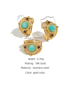 Wholesale Stainless Steel Ring Retro Light Luxury Style Opening Natural Malachite Turquoise 18K Gold Plated Ring