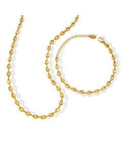 Oval Flat Crossed Linked Chain Stainless Steel Necklace and Bracelet Set