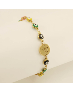 P Evil Eye Drop Oil Initial Letter Stainless Steel Bracelet With 18K Gold Plated