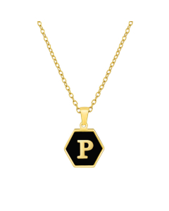 P Initial Letter Hexagon Shape Charms Inlaid Black Shell Necklace CA7810219