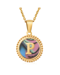 P Initial Letter Round Disc Necklace Inlaid Colorful Shell CA7810205
