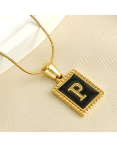 P Initial Name Stainless Steel Necklace With Square Black Shell Tag CA7810221
