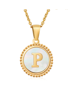 P Round Disc Initial Letter Necklace Inlaid White Shell CA7810202