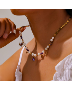 Retro Fresh Water Pearl Natural Stone Hand-beaded Stainless Steel Necklace
