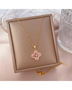 Pink Zircon Four Leaf Clover Flower With Stainless Steel Necklace CA7810164