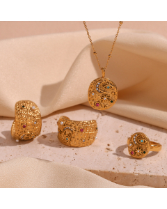 Wholesale French Style Stainless Steel Plated 18K Gold Micro-Inlaid Star Moon Round Necklace Ring Earring Set