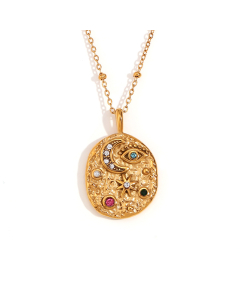 French Style Stainless Steel Plated 18K Gold Micro-Inlaid Star Moon Round Necklace