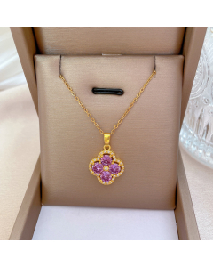 Purple Zircon Stone Four Clover Pendant And Titanium Steel Necklace CA7810167