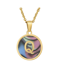 Q Initial Letter Round Disc Necklace Inlaid Colorful Shell CA7810204