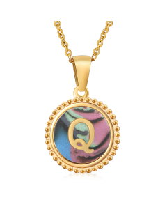 Q Initial Letter Round Disc Necklace Inlaid Colorful Shell CA7810205
