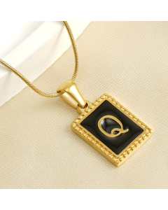 Q Initial Name Stainless Steel Necklace With Square Black Shell Tag CA7810221