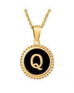 Q Round Disc Initial Letter Necklace Inlaid Black Shell CA7810203