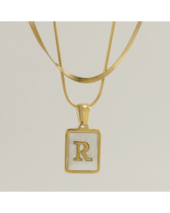 R Double Layer Initial Letter Necklace Inlaid White Shell Pendant Necklace CA7810210