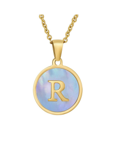 R Hotsale Initial Letter With Blue Shell And Round Tag Necklace CA7810213