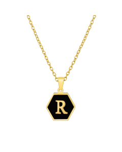 R Initial Letter Hexagon Shape Charms Inlaid Black Shell Necklace CA7810219